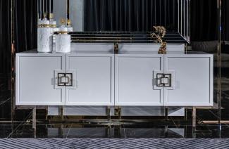 Casa Padrino Luxus Sideboard Weiß / Gold 210 x 50 x H. 85 cm - Edler Massivholz Schrank mit 4 Türen - Luxus Möbel - Luxus Einrichtung