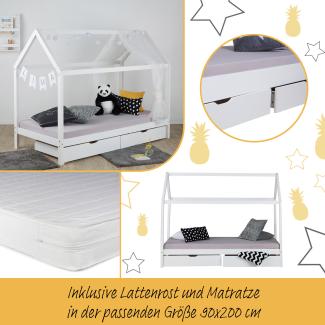 Kinderbett mit Matratze Kinderhaus Spielbett Hausbett 90x200 cm Weiß mit Bettkasten
