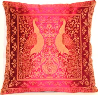Handgewebter indischer Banarasi Seide Deko-Kissenbezug mit Extravaganten Pfau Design in Rosa - 40 cm x 40 cm | 16 x 16 Zoll