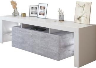 Domando Lowboard Grado Modern für Wohnzimmer Breite 165cm, Push-to-open-System, LED-Beleuchtung in weiß, Hochglanz in Weiß Matt und Beton