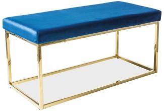 Casa Padrino Luxus Sitzbank Blau / Gold 100 x 46 x H. 48 cm - Gepolsterte Samt Bank mit Edelstahl Gestell
