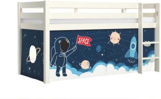 Vipack 'Pino' Halbhochbett 90x200 cm, weiß, Kiefer massiv, mit Textilset 'Space Shuttle'