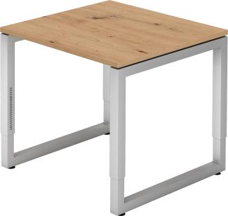 bümö® Schreibtisch R-Serie höhenverstellbar, Tischplatte 80 x 80 cm in Asteiche, Gestell in silber