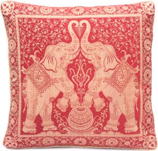Handgewebter indischer Banarasi Seide Deko-Kissenbezug mit Extravaganten Elefant Design in Rot und mit Umrandung - 40 cm x 40 cm