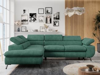 Ecksofa mit Bettfunktion, Modern Sofa, L-form, Einstellbare Kopfstützen, Bettkasten, PETER, 1x Ecksofa, Grün, Stoff, links