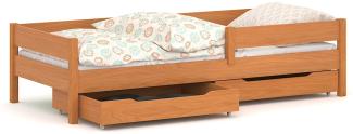 WNM Group Kinder Einzelbett Miki mit Schubladen und Matratze, 4 Farben, viele verschiedenen Größen, Massivholz & Holz-Platte, 180x90, Teak