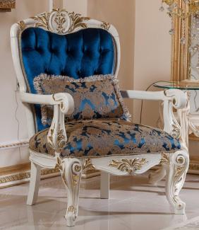Casa Padrino Luxus Barock Sessel Blau / Braun / Weiß / Gold - Prunkvoller Wohnzimmer Sessel mit elegantem Muster - Barockstil Wohnzimmer Möbel - Luxus Möbel im Barockstil - Barock Einrichtung