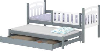 WNM Group Kinderbett Ausziehbar mit Rausfallschutz Suzie - aus Massivholz - Ausziehbett für Mädchen und Jungen - Bett mit Schublade - Funktionsbett 160x80 / 150x80 cm - Grau