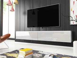 TV-Lowboard Stone 180, mit weißer LED Beleuchtung, Farbe: Weiß / Weiß Hochglanz