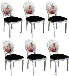 Casa Padrino Luxus Barock Esszimmer Set Flamingo mit Krone Weiß / Schwarz / Mehrfarbig 48 x 50 x H. 98 cm - 6 handgefertigte Esszimmerstühle mit Bling Bling Glitzersteinen - Barock Esszimmermöbel