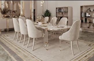 Casa Padrino Luxus Art Deco Esszimmer Set Weiß / Grau / Gold - 1 Art Deco Esstisch mit Kunstmarmor Tischplatte & 6 Art Deco Esszimmerstühle - Art Deco Esszimmer Möbel - Luxus Qualität