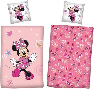 Minnie Mouse Bettwäsche Set (2-tlg. ) rosa Motiv mit Herzen und Schleifen 135x200 + 80x80 cm Flanell mit Reißverschluss