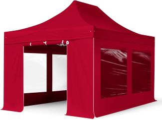3x4,5 m Faltpavillon, PREMIUM Stahl 40mm, Seitenteile mit Panoramafenstern, rot