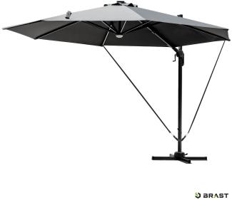 BRAST Alu Sonnenschirm Ampelschirm Ø300cm Grau + LEDs Windsicherung & Schützhülle UV-Schutz 50+ wasserabweisend drehbar & höhenverstellbar