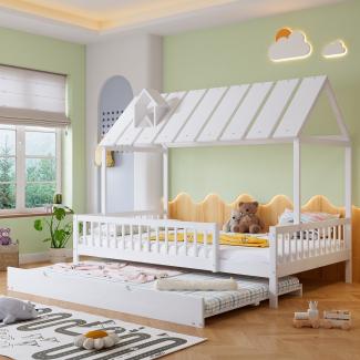 Merax Kinderbett, Hausbett 120x200cm mit Ausziehbett 120x190cm und Dach mit Kaminleiste, weiß