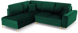 Micadoni 5-Sitzer Samtstoff Ecke links Sofa mit Bettfunktion und Box Moghan | Bezug Bottle Green | Beinfarbe Gold Metal