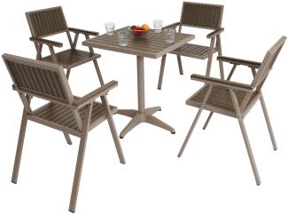 4er-Set Gartenstuhl+Gartentisch HWC-J95, Stuhl Tisch, Gastro Outdoor-Beschichtung, Alu Holzoptik ~ champagner, grau