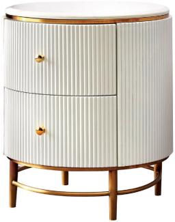 Casa Padrino Luxus Beistelltisch Weiß / Messingfarben / Gold Ø 50 x H. 58 cm - Runder Nachttisch mit 2 Schubladen - Moderne Möbel