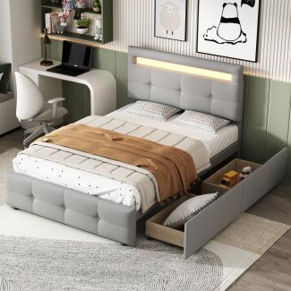 Merax Polsterbett 90*200cm mit LED-Leuchten, 2 Schubladen, hautfreundlicher Leinenpolsterung flach Einzelbett Gästebett Grau