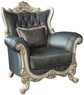 Casa Padrino Luxus Barock Wohnzimmer Sessel mit Glitzersteinen und dekorativem Kissen Blau / Creme / Gold 110 x 85 x H. 112 cm - Barockstil Möbel