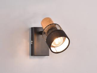 Wandstrahler NANDINI mit Holzelement & Draht-Stoff Lampenschirm, H: 13,5cm