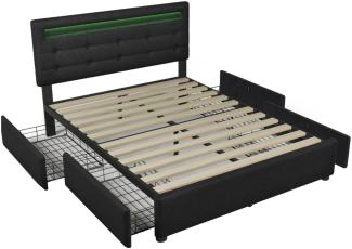 Merax LED Stauraumbett Polsterbett 140x200 Doppelbett aus Leinen mit Höhenverstellbares Kopfteil & 4 Schubladen Schwarz