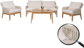 Gartengarnitur HWC-H56b, Lounge-Set Gartenlounge Sofa Sessel Tisch, Seilgeflecht Rope Holz Akazie ~ creme