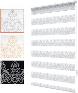 Bailena Doppelrollo mit Muster Barock Ornamente Damask Design Orientalisch Weiß Silber 70x150 cm