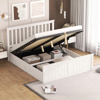 Merax Holzbett Doppelbett mit Lattenrost und Stauraum für Kinder, Jugendliche, Erwachsene, einfach zu montieren, Weiß, 140x200cm (Ohne Matratze)