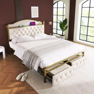 Merax Polsterbett mit USB Typ C Ladefunktion und Schubladen, Doppelbett 180 x 200 Stauraumbetten mit Lattenrost aus Metallrahmen, HellBeige