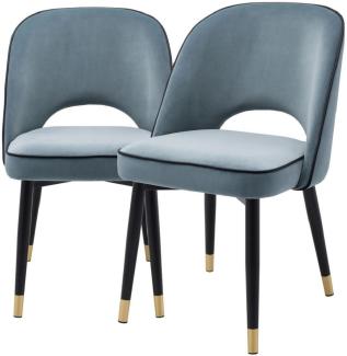 Casa Padrino Luxus Esszimmerstuhl Set Blau / Schwarz / Messing 53 x 56 x H. 84 cm - Esszimmerstühle mit edlem Samtstoff - Esszimmer Möbel