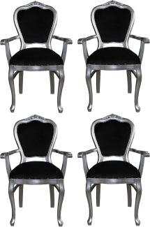 Casa Padrino Luxus Barock Esszimmer Set Schwarz / Silber 60 x 47 x H. 99 cm - 4 handgefertigte Esszimmerstühle mit Armlehnen - Barock Esszimmermöbel