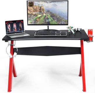 COSTWAY Gamingtisch Computertisch, Gaming Schreibtisch mit Tassen- und Kopfhörerhalter und Mauspad, Laptoptisch mit R-förmigem Stahlgestell, PC Tisch für Zuhause Büro Spielzimmer