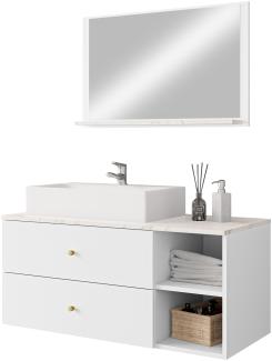 Badmöbel Set Kormen I mit Waschbecken und Siphon (Farbe: Weiß + Marmor Bianco)