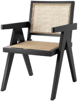 Casa Padrino Luxus Esszimmerstuhl Schwarz / Naturfarben 57 x 65,5 x H. 90 cm - Massivholz Stuhl mit Armlehnen und handgewebtem Rattangeflecht - Luxus Esszimmer Möbel