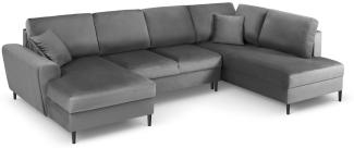 Micadoni 7-Sitzer Samtstoff Panorama Sofa Rechts mit Box und Schlaffunktion Moghan | Bezug Light Grey | Beinfarbe Black.