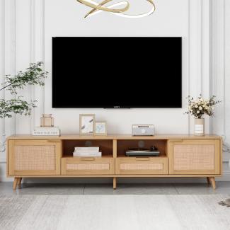 Merax TV-Konsolentisch, TV-Schrank mit echtem Rattandesign, TV-Schrank mit massiven Holzfüßen,Geflochtener Rattan-TV-Boards