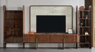 Casa Padrino Luxus Wohnzimmer TV Schrank Set Braun / Creme / Messing - 1 TV Schrank & 1 TV Rückwand & 1 Vitrine & 1 Regalschrank - Wohnzimmer Möbel - Massivholz Möbel - Luxus Möbel