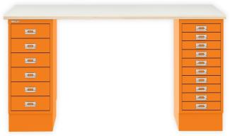 MultiDesk, 1 MultiDrawer mit 10 Schüben, 1 MultiDrawer mit 6 Schüben, Dekor Plywood, Farbe Orange, Maße: H 740 x B 1400 x T 600 mm