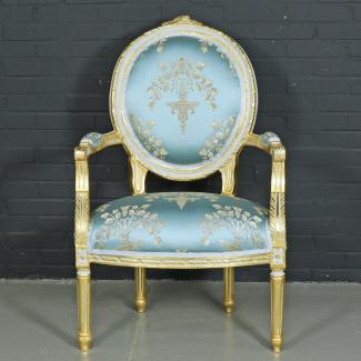 Casa Padrino Barock Salon Stuhl "Medaillon" Mod2 mit Armlehnen Helltürkis / Gold - Antikstil Stuhl