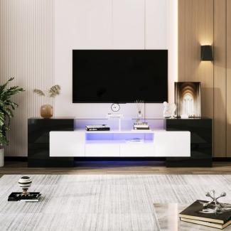 Merax Lowboard mit LED-Beleuchtung und Glasplatte, TV-Schrank mit hochglänzenden Korpus, Holzoptik, Breite 200 cm, Modern | Schwarz | Weiß