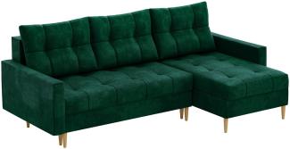 MEBLINI Schlafcouch mit Bettkasten - SCANDO - 220x140x75cm - Grün Samt - Kleines Ecksofa mit Schlaffunktion - Sofa mit Relaxfunktion und Kissen - Kleine Couch L-Form - Eckcouch