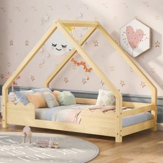 Merax Hausbett Kinderbett 80x160cm mit Rausfallschutz Spielbett Jugendbett Massivholz in Natur