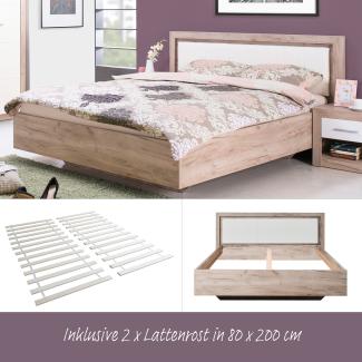 Doppelbett, Holzbett, mit Lattenrost, Eiche, Kunstleder, 160x200cm, Weiß