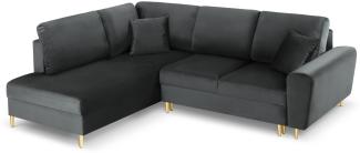 Micadoni 5-Sitzer Samtstoff Ecke links Sofa mit Bettfunktion und Box Moghan | Bezug Dark Grey | Beinfarbe Gold Metal