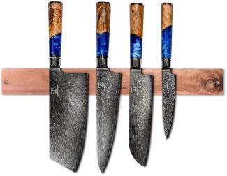 Damast Küchenmesser Set Kōyōju - 4 Damaszener Messer mit magnetischer Holzleiste aus Akazie - 67 Lagen Damaststahl - 15° Schleifwinkel