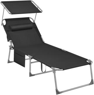 Große Sonnenliege, klappbarer Liegestuhl, 71 x 200 x 38 cm, Belastbarkeit 150 kg, mit Sonnenschutz, Kopfstütze und verstellbarer Rückenlehne, für Garten Pool Terrasse, schwarz