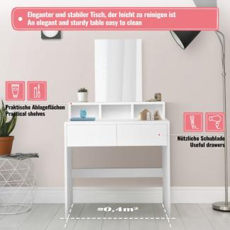 MIADOMODO® Schminktisch - mit Spiegel, 2 Schubladen, 3 offene Fächer, Ablagefläche, Edel, Stabil, Platzsparend, Weiß - Vanity Table, Kosmetiktisch, Make Up Tisch, Frisiertisch, Frisierkommode