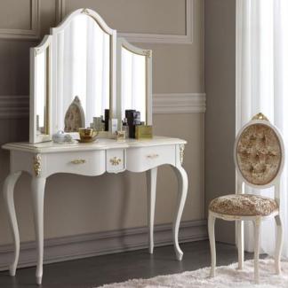 Casa Padrino Luxus Barock Spiegelkonsolen Set Braun / Weiß / Gold - Eleganter Konsolentisch mit Spiegel und Damenstuhl - Luxus Barock Schlafzimmer Möbel