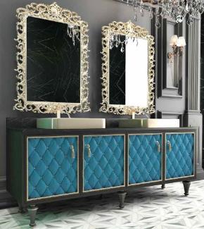 Casa Padrino Luxus Barock Badezimmer Set Schwarz / Blau / Gold - 1 Waschtisch mit 4 Türen und 2 Waschbecken und 2 Wandspiegel - Prunkvolle Badezimmermöbel
